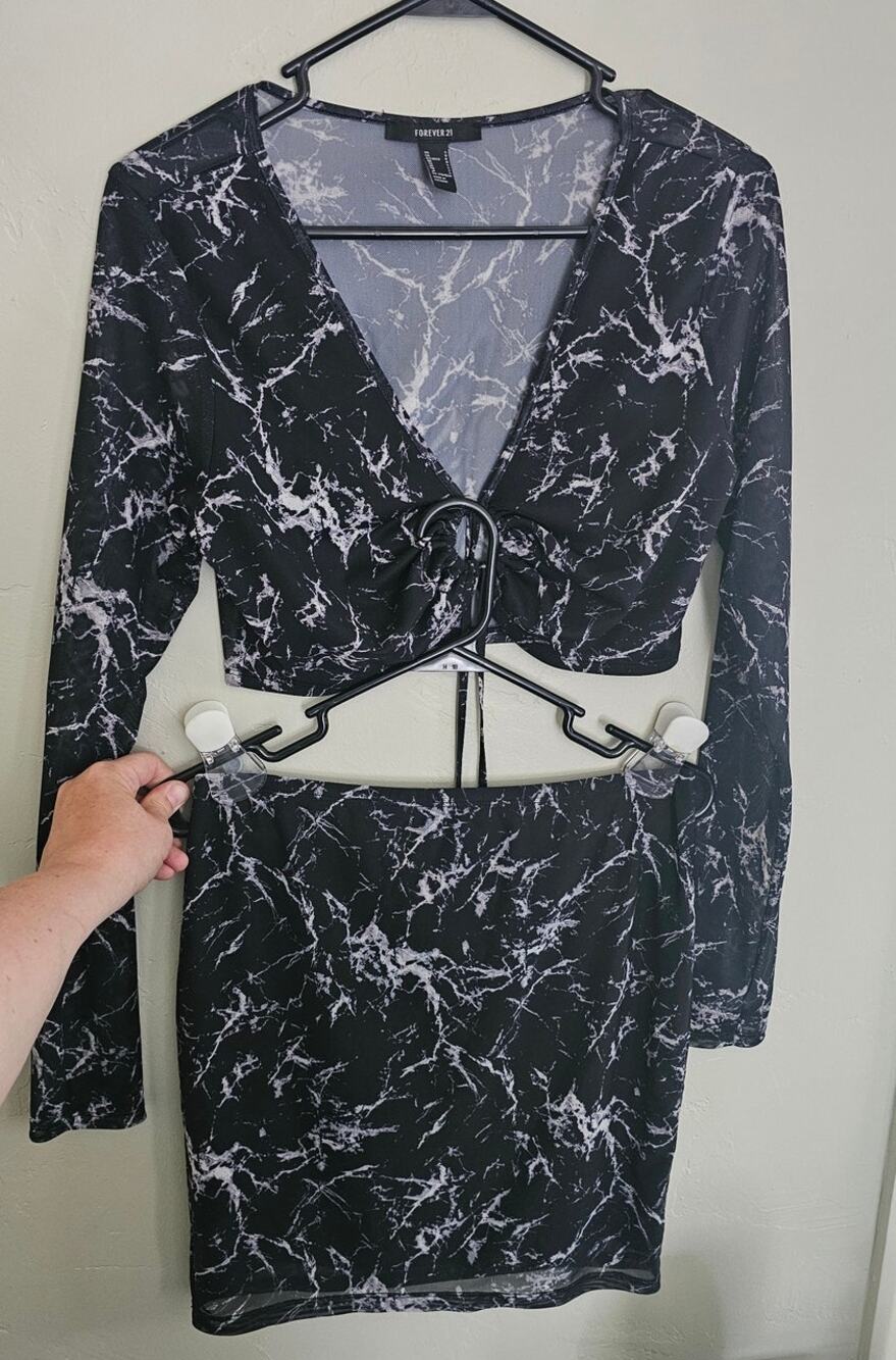 Forever 21 Black and White Marble Print 2-Piece Crop Top & Mini Skirt Set